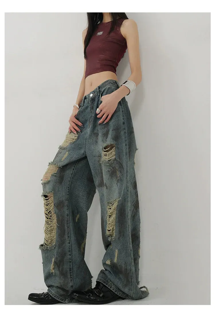 Retro Tie-Dye Distressed Wide-Leg Jeans With Washed Effect And Draping Fit
