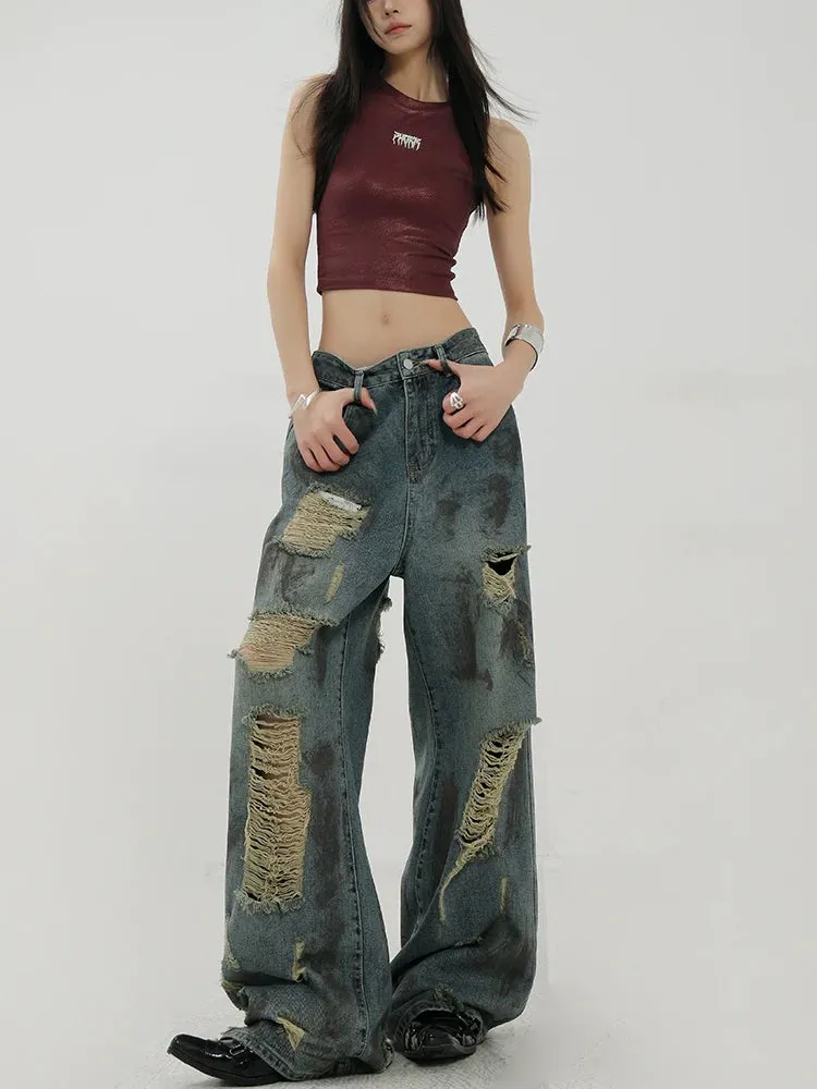 Retro Tie-Dye Distressed Wide-Leg Jeans With Washed Effect And Draping Fit