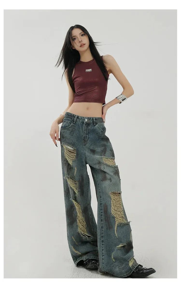 Retro Tie-Dye Distressed Wide-Leg Jeans With Washed Effect And Draping Fit