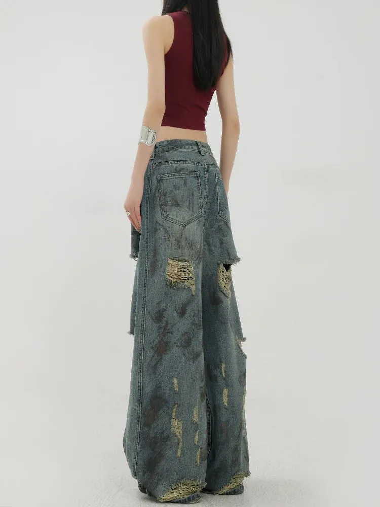 Retro Tie-Dye Distressed Wide-Leg Jeans With Washed Effect And Draping Fit