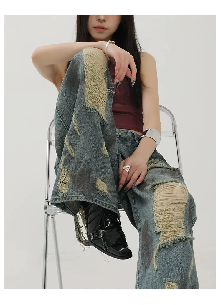Retro Tie-Dye Distressed Wide-Leg Jeans With Washed Effect And Draping Fit