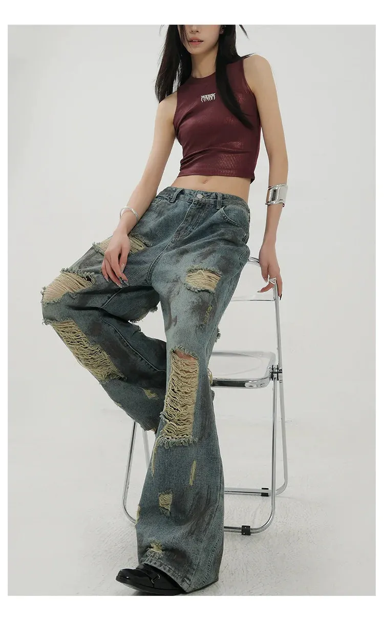 Retro Tie-Dye Distressed Wide-Leg Jeans With Washed Effect And Draping Fit