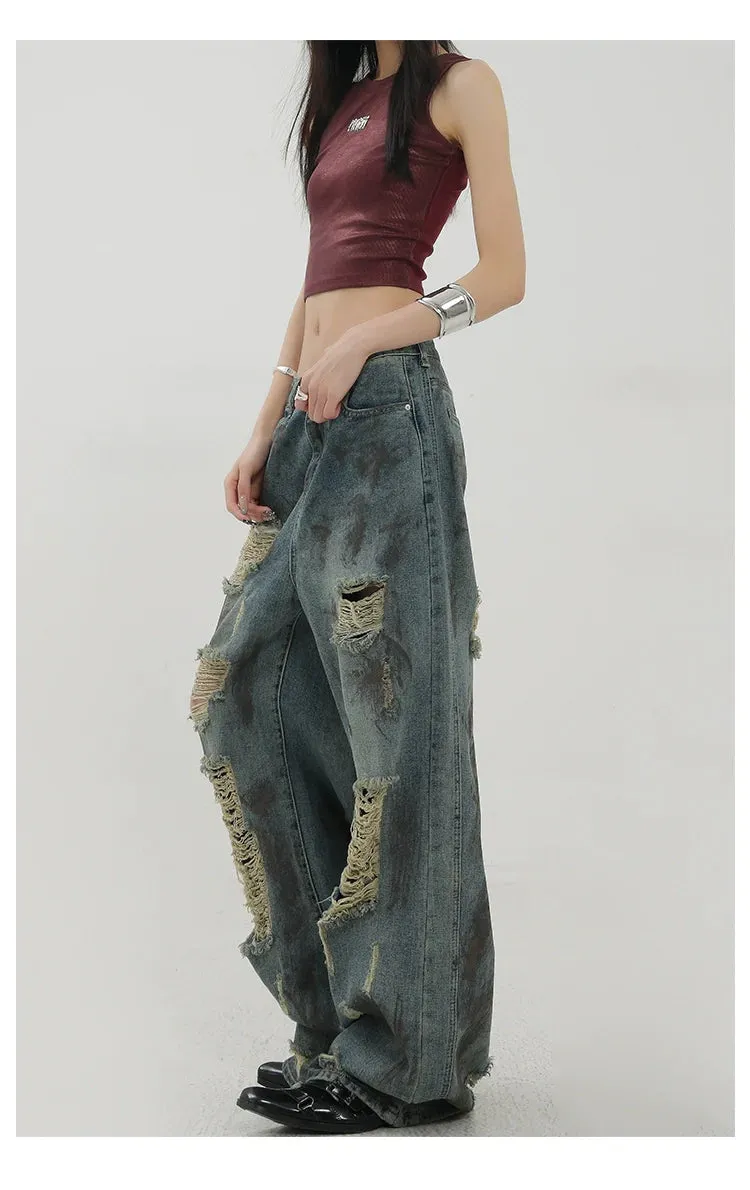 Retro Tie-Dye Distressed Wide-Leg Jeans With Washed Effect And Draping Fit