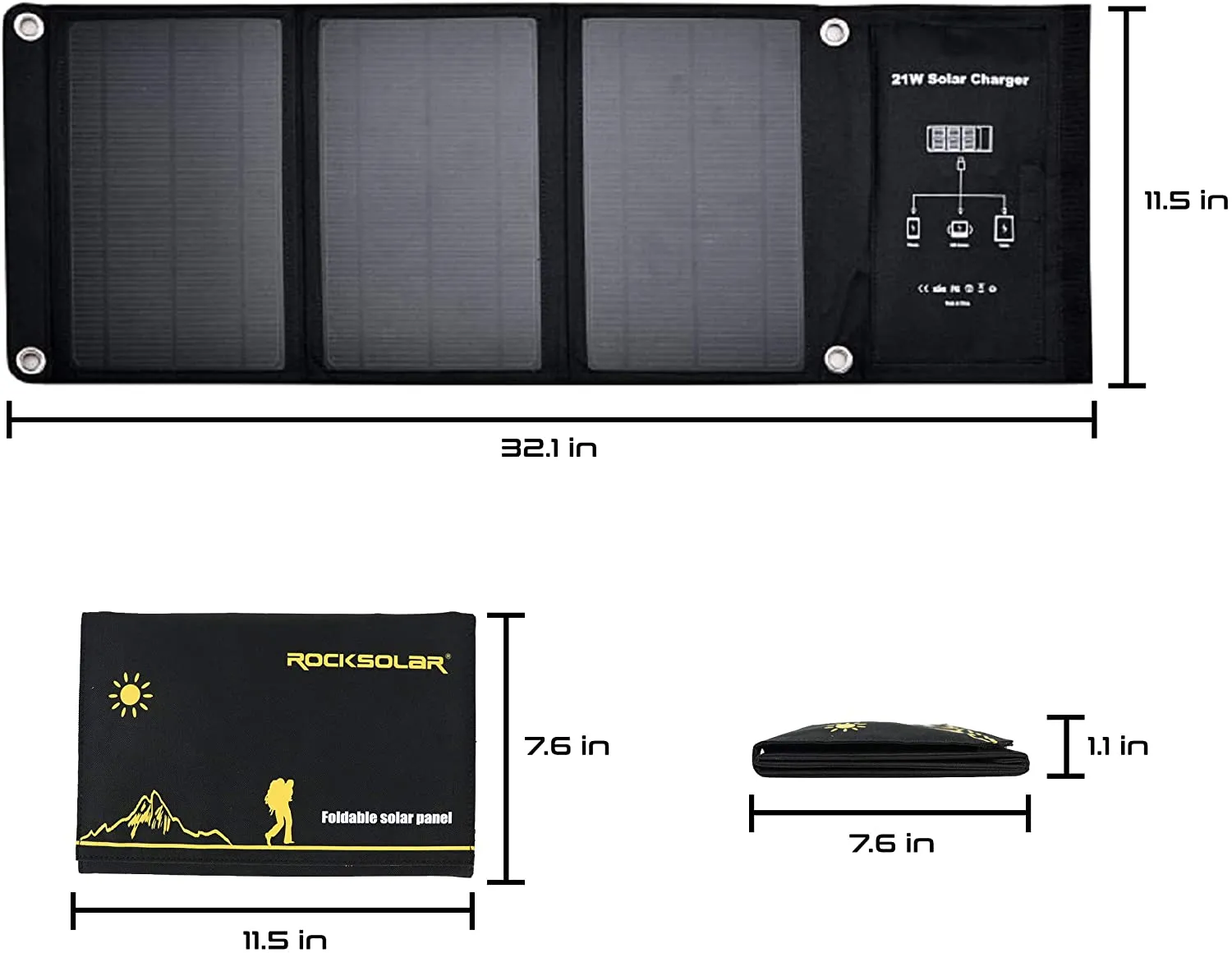ROCKSOLAR Foldable Solar Panel, Portable 21W 18V Monocrystalline Kit with Charging Cable and Adapters, USB and DC