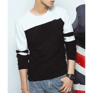Round Neck Color Block Splicing Design Stylish Long Sleeve Men's Sweatshirt - White And Black Xl
