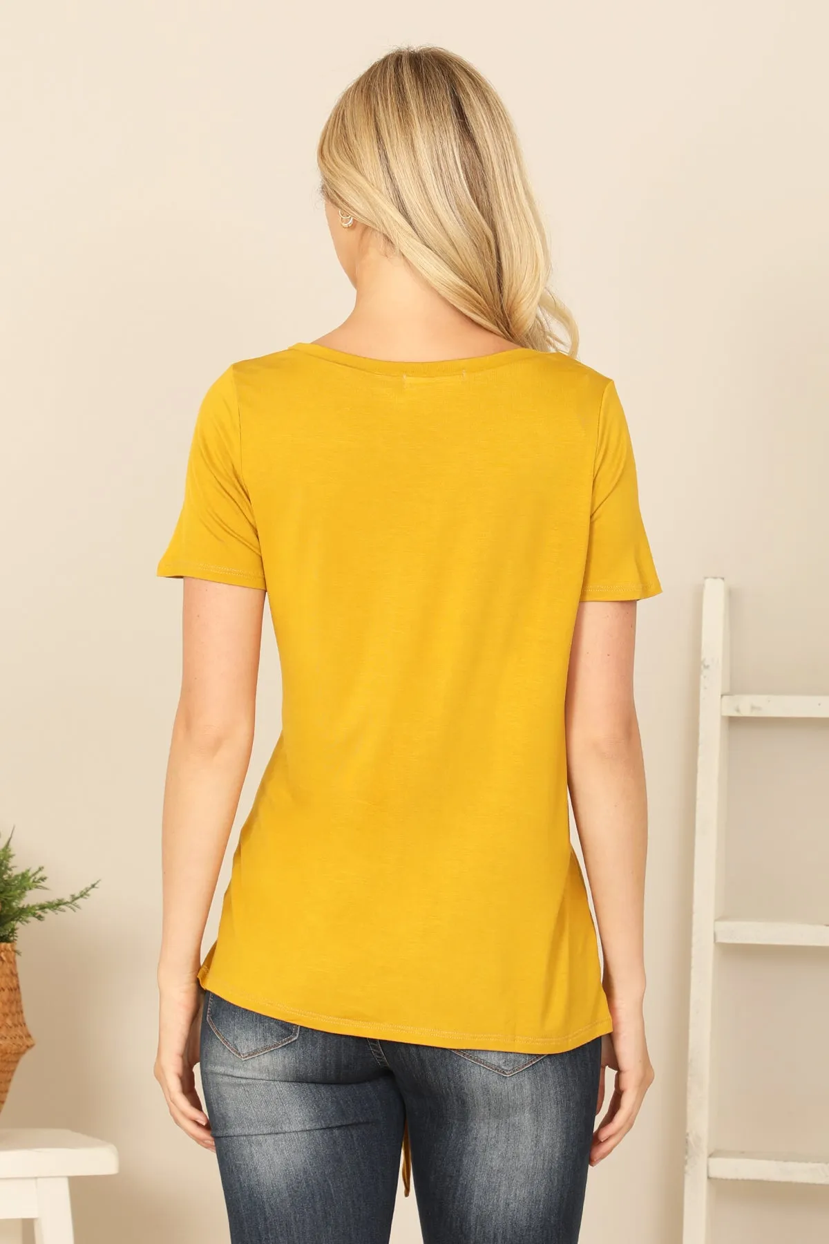 SHORT SLEEVE V-NECK TWIST FRONT SOLID TOP