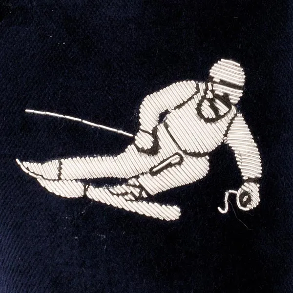 Skier Motif Embroidered Velvet Slipper