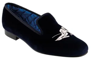 Skier Motif Embroidered Velvet Slipper