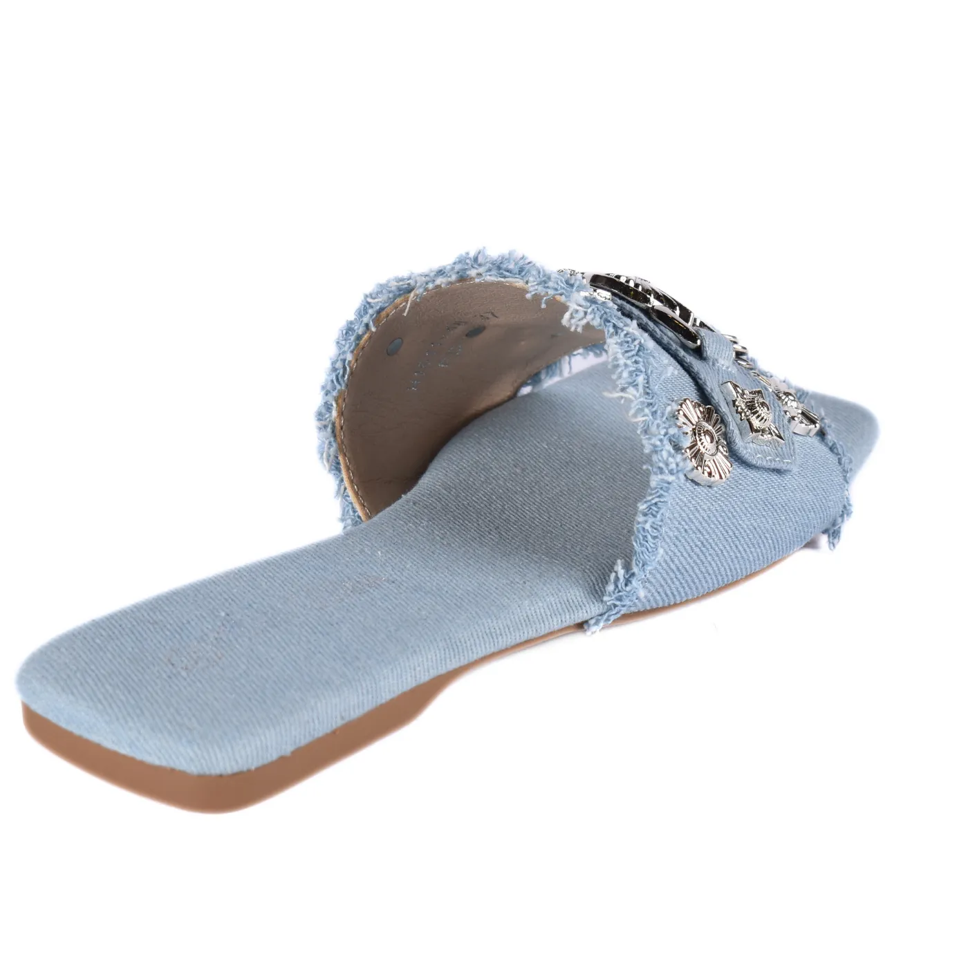 Squared Toepost Slip On Studded Light Vintage Denim Slippers