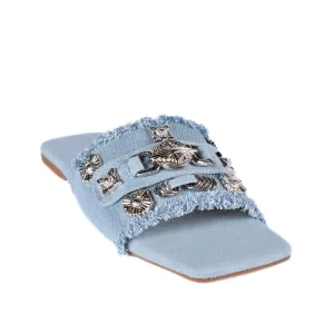 Squared Toepost Slip On Studded Light Vintage Denim Slippers