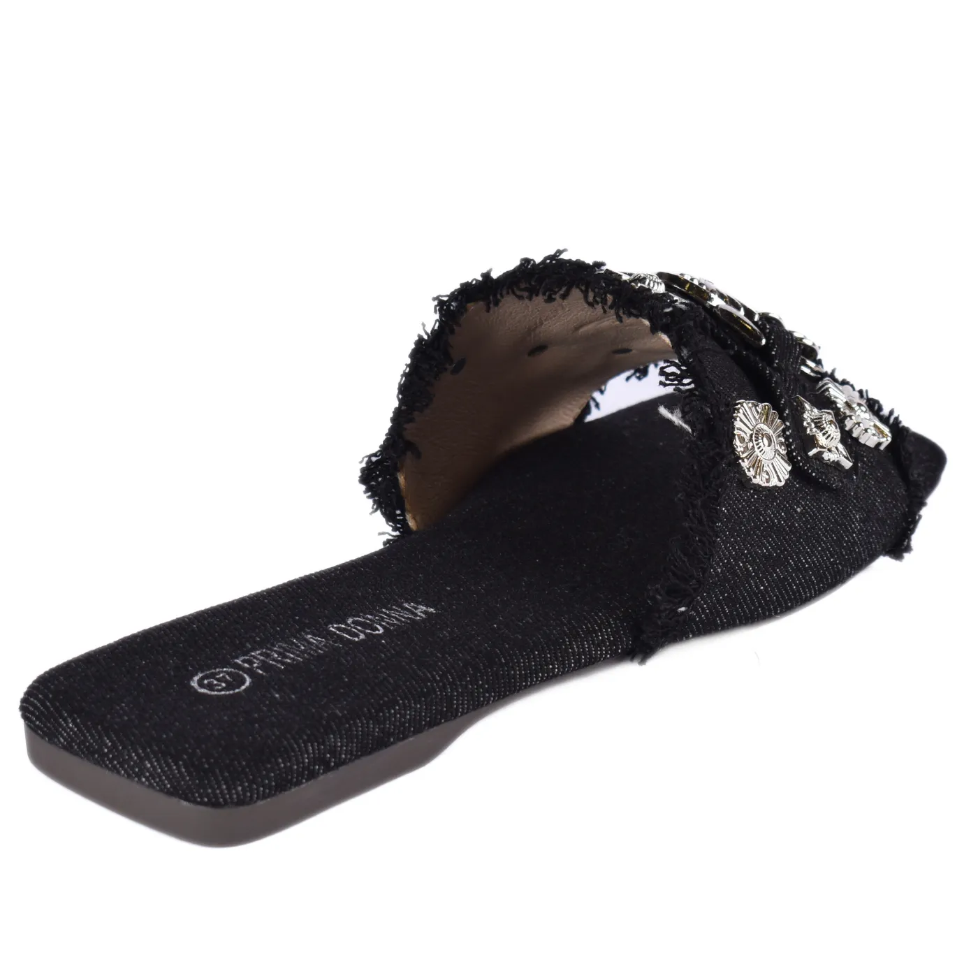 Squared Toepost Slip On Studded Light Vintage Denim Slippers