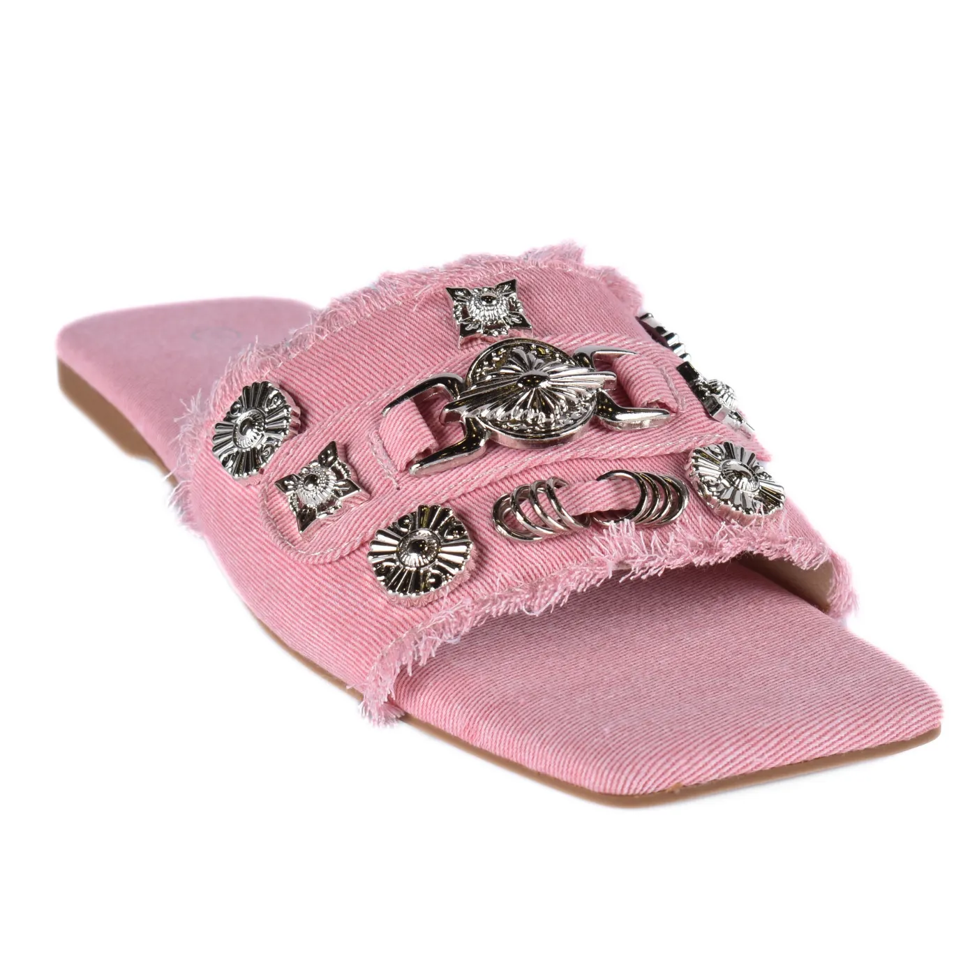 Squared Toepost Slip On Studded Light Vintage Denim Slippers