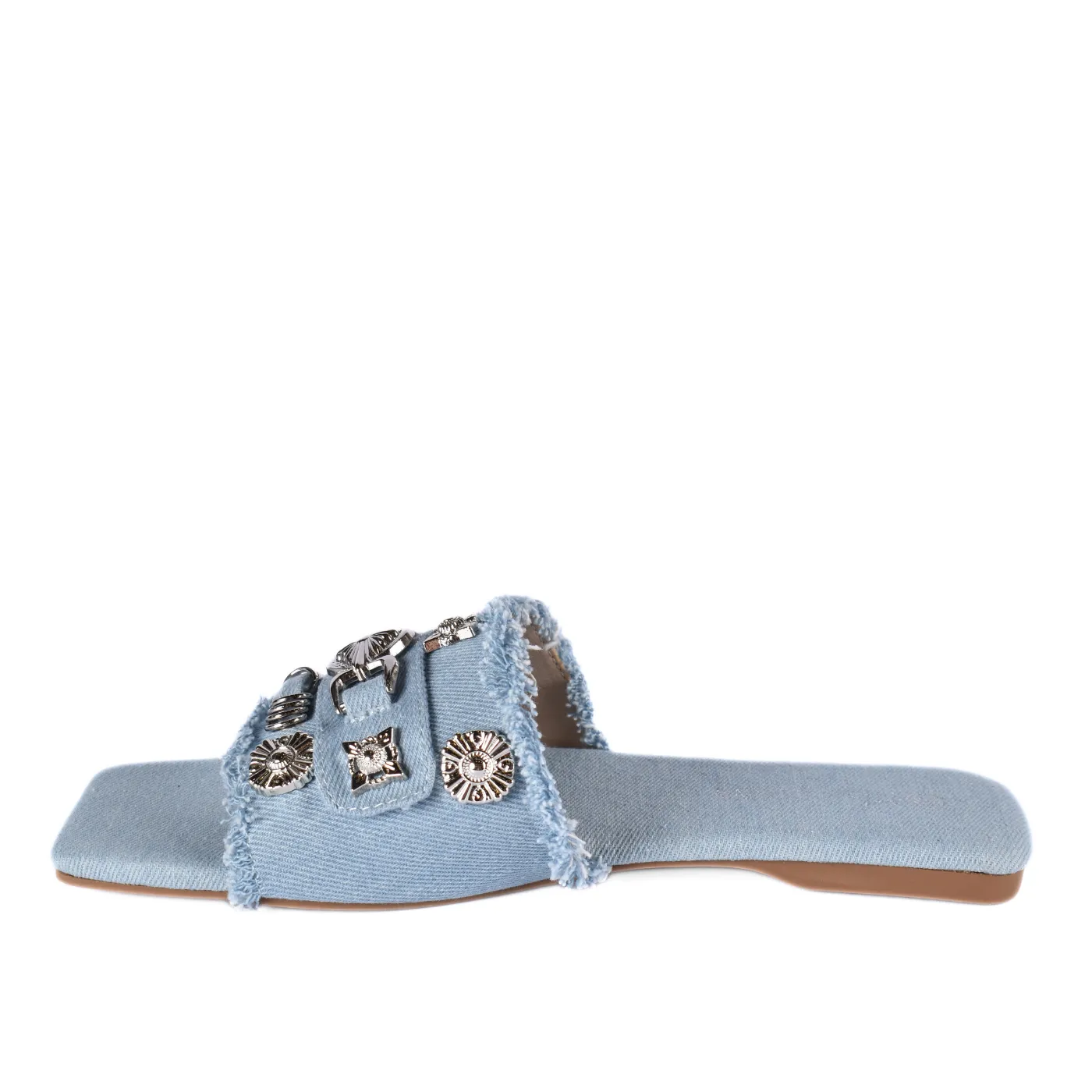 Squared Toepost Slip On Studded Light Vintage Denim Slippers
