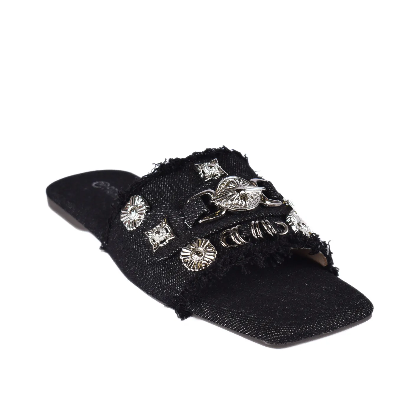 Squared Toepost Slip On Studded Light Vintage Denim Slippers