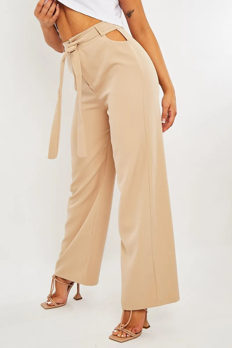 Stone Waist Cut Out Wide Leg Trousers - Adela