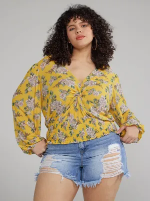Twist Front Floral Print Smocked Top