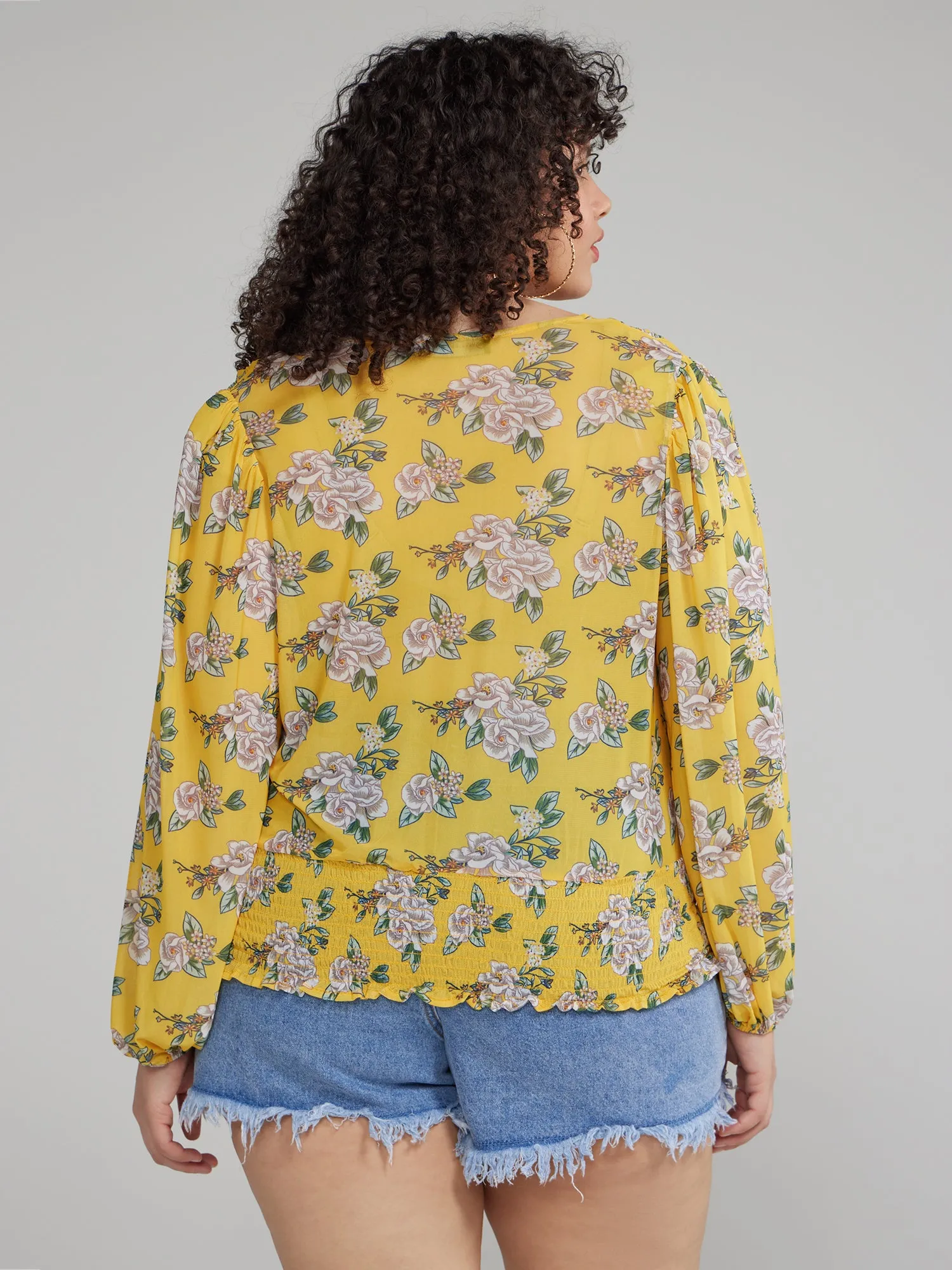 Twist Front Floral Print Smocked Top
